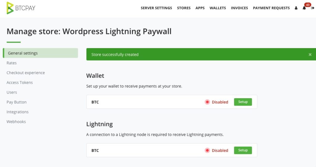 BTCPay Store general Settings New Store