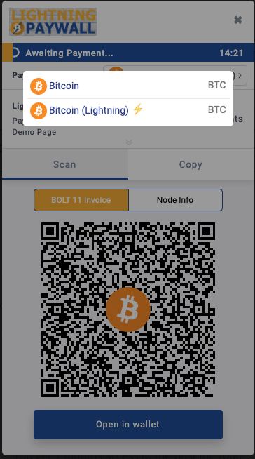 Select Bitcoin or Lightning