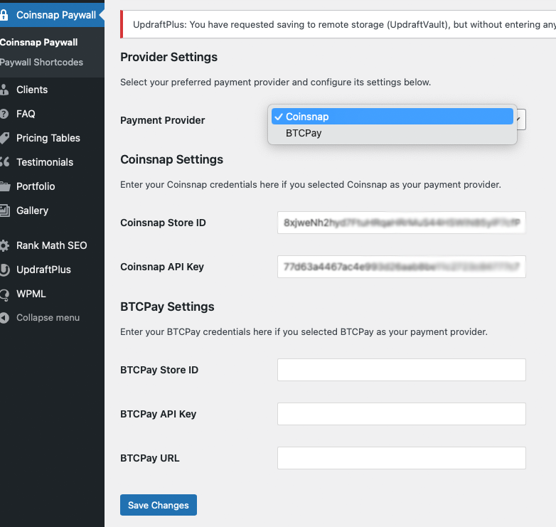 Coinsnap Bitcoin Paywall Settings